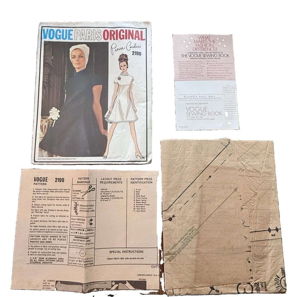 Vintage Vogue Paris Original Pierre Cardin 2190 Size 12 UNCUT 1960s Dress